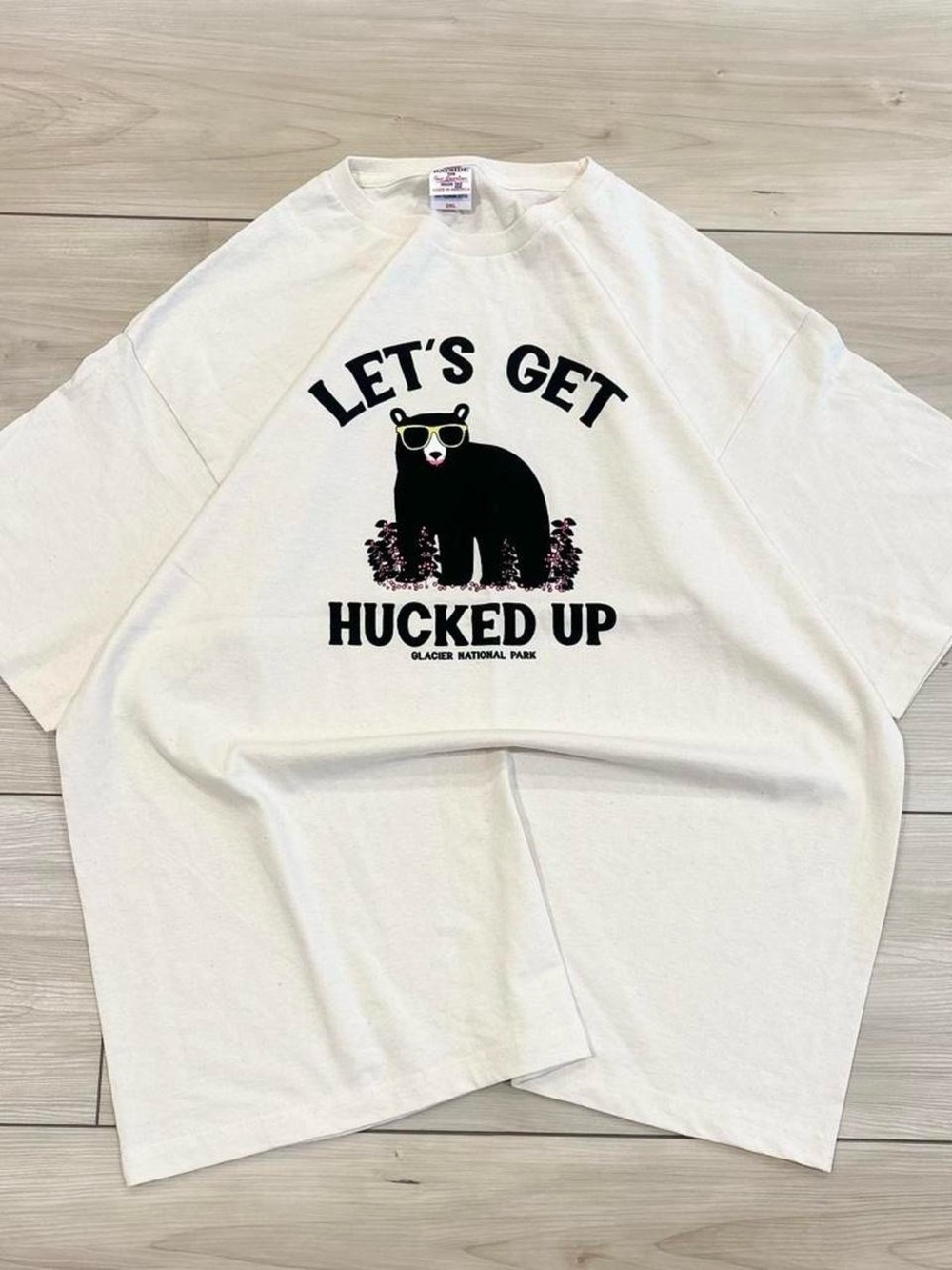 Bayside USA 90s Glacier National Park Let's Get Hucked Up Bear Mens Graphic Tee